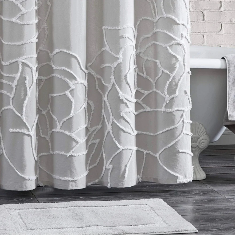 100% Cotton Fabric Shower Curtain 72L x 72W Grey Chenille Rose NWT